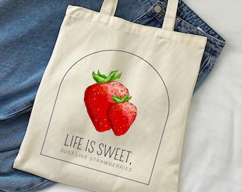 strawberry tote bag, aesthetic tote bag, summer tote bag, book tote bag, laptop tote bag, market bag, summer bag, everyday bag, tote bag