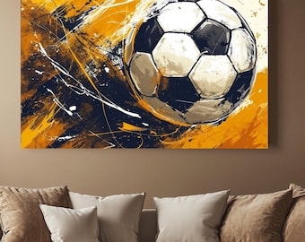 Puede incluir: Pintura abstracta de un balón de fútbol en tonos de amarillo, blanco y negro. El balón está en el aire, con un fondo borroso de salpicaduras de pintura amarilla y azul.