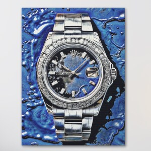 Modern Luxury Watch Canvas Print | Diamond Timepiece Wall Art | Blue Drip Poster for Men | Stylish Watch-Inspired Decor for Office or Home