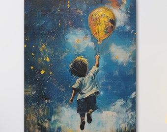 Child Reaching for Stars Canvas | Whimsical Balloon Wall Art | Dreamy Sky Artwork for Kids Room or Nursery| Inspirational Kids Art Painting