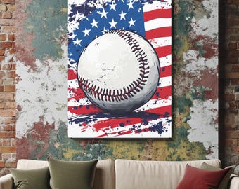 Baseball Wall Art | American Flag Baseball Canvas | Sports Wall Decor | Man Cave Wall Art | Baseball Gift for Him | Boys Room Decor