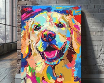 Golden Retriever Wall Art | Colorful Dog Painting | Pop Art Dog Print | Vibrant Pet Portrait | Dog Lover Gift | Happy Dog Canvas Decor