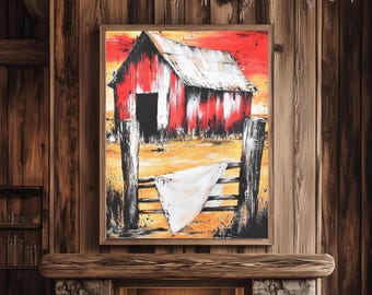 Farmhouse Wall Art | Rustic Barn Painting | Vintage Country Decor | Large Canvas Print | Western Landscape Art | Old Red Barn Artwork
