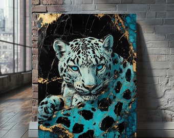 Leopard Wall Art | Turquoise Wildlife Canvas | Black Gold Decor