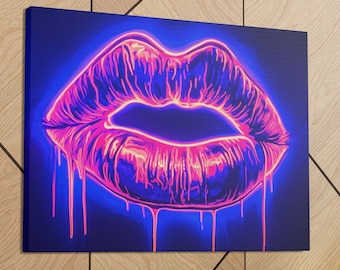 Neon Lips Wall Art | Pink Pop Art Canvas | Beauty Salon Decor