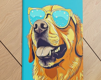 May include: A golden retriever dog wearing blue sunglasses with a light blue background.