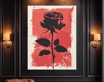 Red Rose Wall Art | Vintage Flower Print | Gothic Floral Poster | Dark Romantic Art | Minimalist Rose Decor | Grunge Aesthetic Canvas