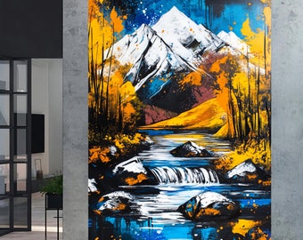 Abstract Mountain Artwork | Colorful Wall Art | Mountain Oil Painting Landscape Canvas | Abstract River Wall Art | Modern Rustic Home Decor