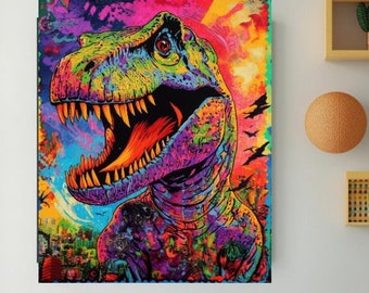CANVAS PRINT | Kids Room Wall Art | Dinosaur Print | Dinosaur Poster | Colorful Playroom Canvas | Kids Bedroom Art | Dinosaur Room Decor