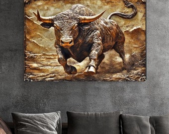 Bull Canvas Wall Art | Charging Bull Painting | Masculine Wall Art | Rustic Western Decor | Gold Bull Artwork | Wall Decor for Men