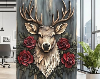 Rustic Deer Wall Art | Stag with Roses Canvas Print | Unique Woodland Home Cabin Decor | Rustic Wildlife Art for Nature Lovers | Farmhouse