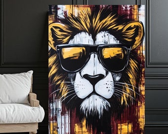 Cool Lion Canvas Wall Art | Sunglasses Lion Print | Bold Big Cat Poster | Modern Safari Decor | Urban Jungle Animal Art | Luxury Wall Art