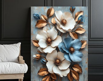Floral Canvas Wall Art | Blue and Gold Flower Painting | Elegant Botanical Print | Large Modern Floral Decor | Luxury Wall Art for Home
