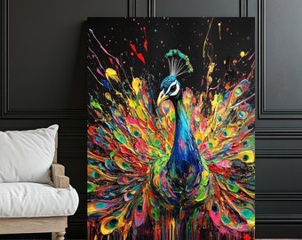 Colorful Peacock Wall Art | Vibrant Decor | Abstract Bird Art | Luxury Statement Piece | Animal Painting | Oversized Art | Maximalist Decor