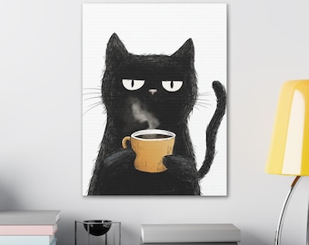 Funny Black Cat Wall Art | Coffee Cat Print | Grumpy Cat Poster | Cute Coffee Lover Decor | Minimalist Cat Illustration | Cat Lover Gift