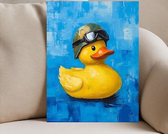 Arte de baño con pato de goma / Impresión en lienzo de pato divertido / Decoración de baño peculiar / Póster de pared de pato militar / Obra de arte de animales / Letrero de baño para niños