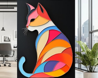 CANVAS PRINT | Colorful Geometric Cat Wall Art | Abstract Animal Canvas Decor | Vibrant Cat Lover Gift | Modern Cat Themed Wall Artwork