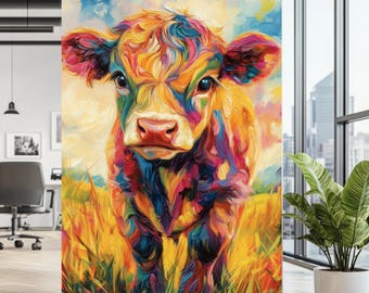 IMPRESIÓN EN LIENZO / Arte de pared colorido de vaca / Decoración de animales de granja / Impresión abstracta moderna de vaca / Obra de arte rústica de granja / Pintura de vaca de las tierras altas