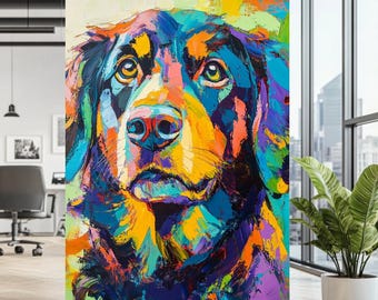 May include: A colorful abstract painting of a dog's face. The dog has black fur with bright blue, yellow, orange, and purple accents. The painting is done in a loose, expressive style.