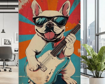 Puede incluir: Un bulldog francés blanco con gafas de sol toca una guitarra eléctrica. El fondo es un diseño de estilo retro con colores rojo, naranja y azul.