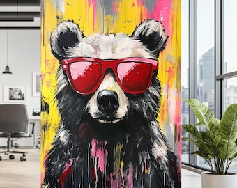 Cool Bear Wall Art | Vibrant Pop Art Canvas | Bear With Sunglasses | Modern Animal Decor | Quirky Art for Living Room | Unique Wall Art Gift