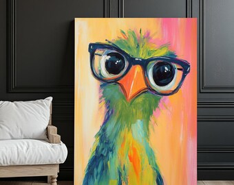 Quirky Bird Wall Art | Funny Animal Canvas | Vibrant Glasses Bird Artwork | Playful Kids Room Decor | Colorful Modern Wall Art
