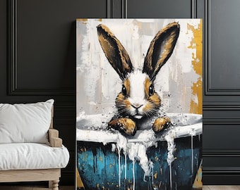 Rustic Bunny in Bathtub Wall Art | Farmhouse Rabbit Canvas Print | Animal Bathroom Decor | Cute Bunny Nursery Art | Cottage Rabbit Poster