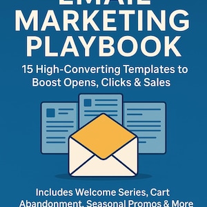 May include: A blue graphic with the title "THE EMAIL MARKETING PLAYBOOK" in white. The image includes an envelope graphic and the text "15 High-Converting Templates to Boost Opens, Clicks & Sales."
