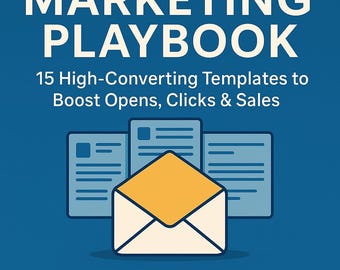 May include: A blue graphic with the title "THE EMAIL MARKETING PLAYBOOK" in white. The image includes an envelope graphic and the text "15 High-Converting Templates to Boost Opens, Clicks & Sales."