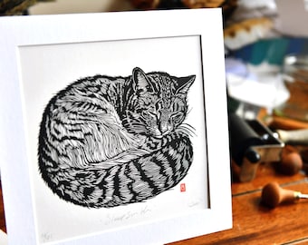 Lino Cut Print Sleeping Cat Scottish Art
