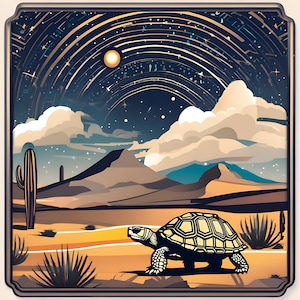 Naklejka Tortoise Desert Scene, Naklejka Desert Scene, Naklejka Desert Vibes, Zabawna naklejka z gwiazdami nad pustynią