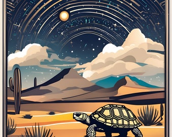 May include: A desert landscape with a starry night sky, a cactus, and a tortoise walking across the sand.