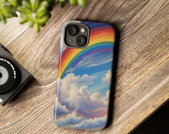 May include: A phone case with a rainbow over fluffy white clouds against a blue sky. The case has a camera cutout with three lenses.