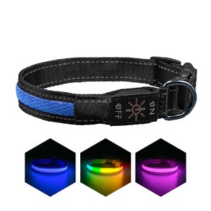 May include: Black dog collar with a blue reflective strip and a built-in LED light. The light has three settings: blue, rainbow, and purple. The collar has a buckle closure and a metal D-ring.