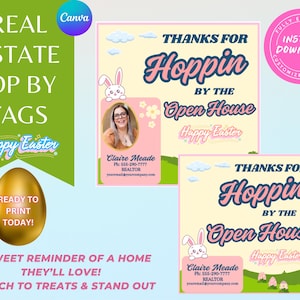 Pasen makelaar opendeurdag tag, opendeurdag traktatie tag, paasmakelaar opendeurdag marketing, paasthema opendeurdag canvassjabloon, onroerend goed