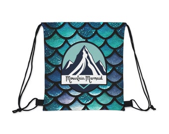 Outdoor Drawstring Bag- Mountain Mermaid Logo, Galactic Mermaid Print, Adventure-Ready Carryall, Ideal Gift for Hikers and Beachgoers