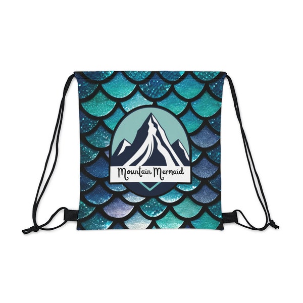 Aqua Mermaidcore Drawstring Bag - Mountain Mermaid Logo, Adventure-Ready Carryall, Ideal Gift for Hikers and Beachgoers