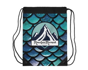 Drawstring Bag- Mountain Mermaid Logo, Galactic Mermaid Print, Adventure-Ready Carryall, Ideal Gift for Hikers and Beachgoers