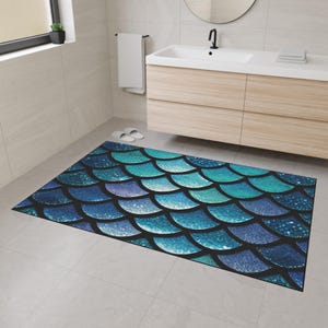 Mermaid Scales Rug, Ocean Blue Scale Pattern, Nautical Home Decor, Under the Sea Area Carpet, Fish Tail Rug, Marine Life Design Mat
