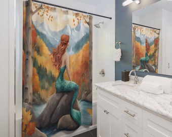 Shower Curtains, Mermaid with Autumn Aspens, Red Hair