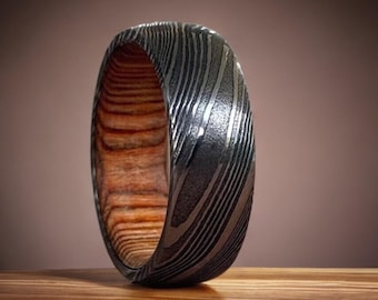 Damascus Steel Wedding Band Whiskey Barrel Steel Rings Dome Promise Ring Wood Wedding Ring Damascus Steel Rings Wood Inlay Engagement Ring