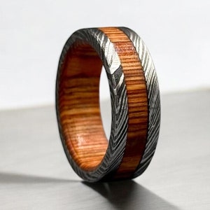 Damascus Steel Whiskey Barrel Wood Inlay Wedding Ring Damascus Steel Rings Wood Inlay Mens Promise Ring Engagement Ring Wedding Band For Him