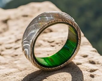 Damascus Steel Rings Wood Inlay Damascus Steel Whiskey Barrel Steel Rings Mens Promise Ring Wood Wedding Ring Engagement Ring Wedding Band