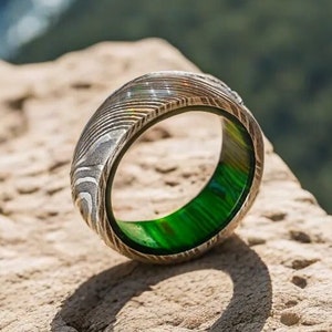 Damascus Steel Rings Wood Inlay Damascus Steel Whiskey Barrel Steel Rings Mens Promise Ring Wood Wedding Ring Engagement Ring Wedding Band