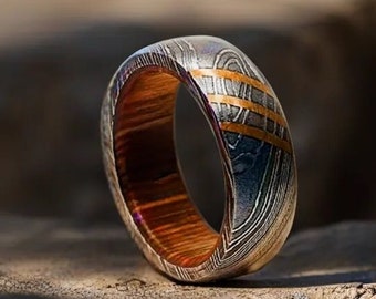 Damascus Steel Whiskey Barrel Steel Rings Dome Promise Ring Wood Wedding Ring Damascus Steel Rings Wood Inlay Engagement Ring Wedding Band