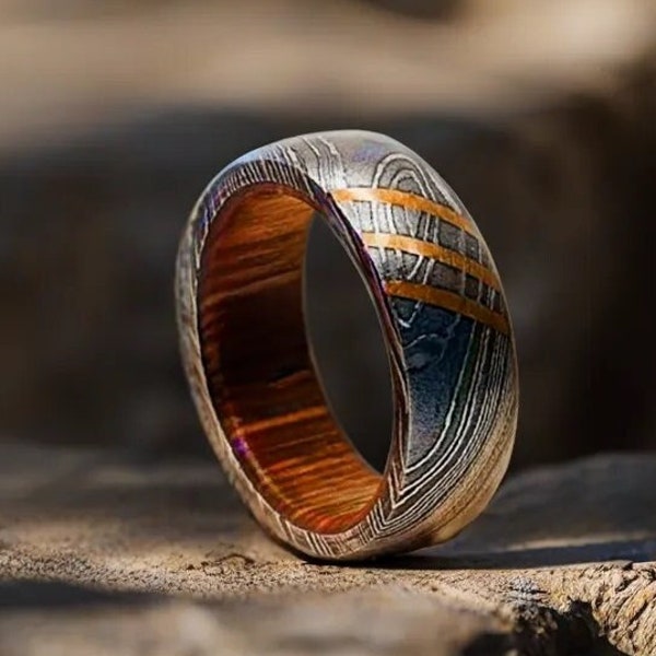 Damascus Steel Whiskey Barrel Steel Rings Dome Promise Ring Wood Wedding Ring Damascus Steel Rings Wood Inlay Engagement Ring Wedding Band