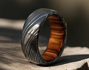 Damascus Steel Whiskey Barrel Steel Rings Mens Promise Ring Wood Wedding Ring Damascus Steel Rings Wood Inlay Engagement Ring Wedding Band