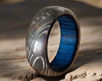 Damascus Steel Rings Blue Wood Inlay Damascus Steel Whiskey Barrel Steel Mens Promise Ring Wood Wedding Ring Engagement Ring Wedding Band