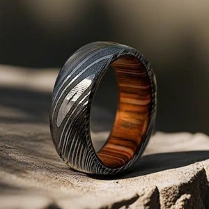 Damascus Steel Whiskey Barrel Steel Rings Mens Promise Ring Wood Wedding Ring Damascus Steel Rings Wood Inlay Engagement Ring Wedding Band