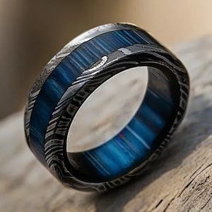 Damascus Steel Whiskey Barrel Blue Wood Inlay Ring Engagement Ring Wedding Ring Wood Wedding Band Promise Ring Damascus Steel Ring Him Her